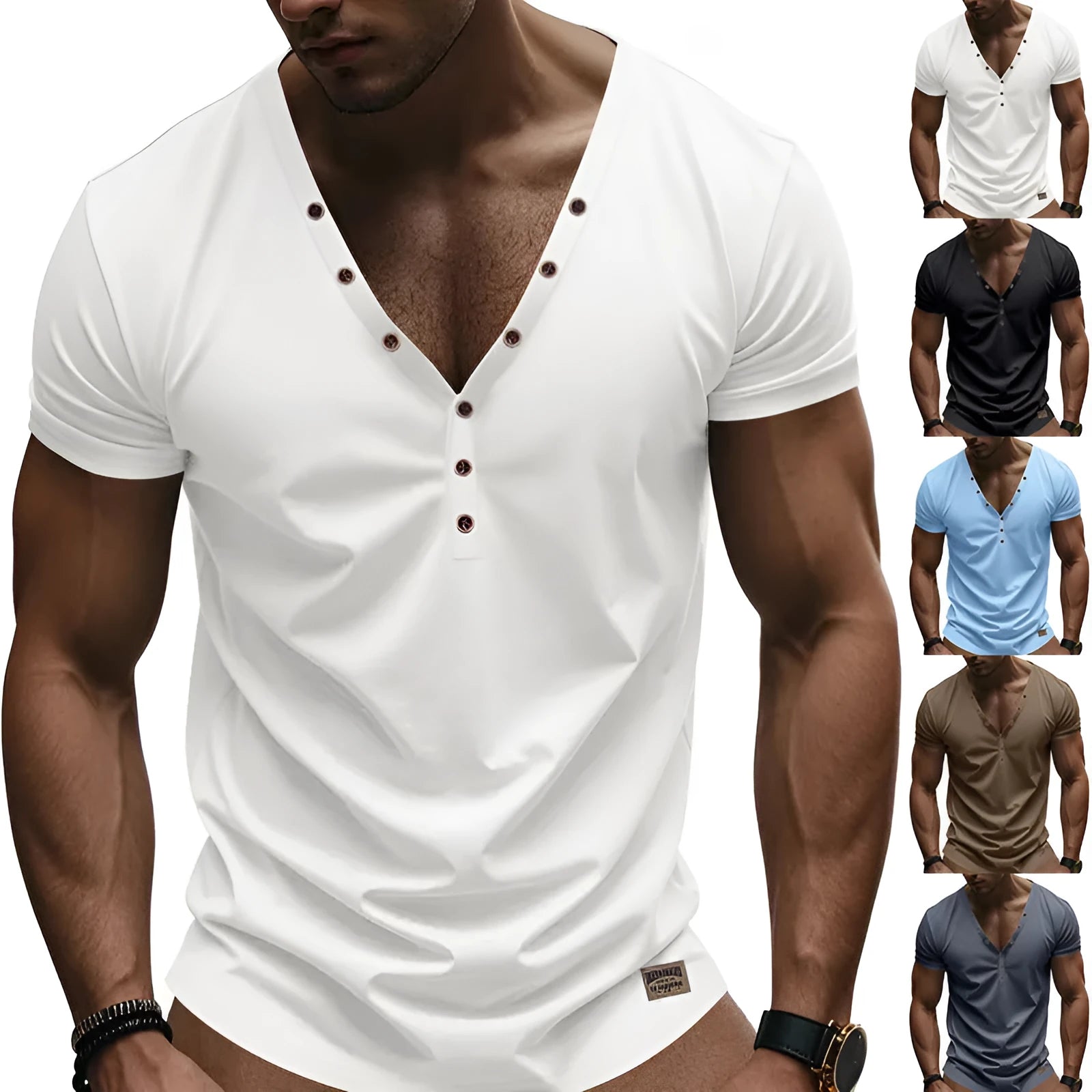Men's loose V-neck pullover with button design in chemical fibre blend fabric