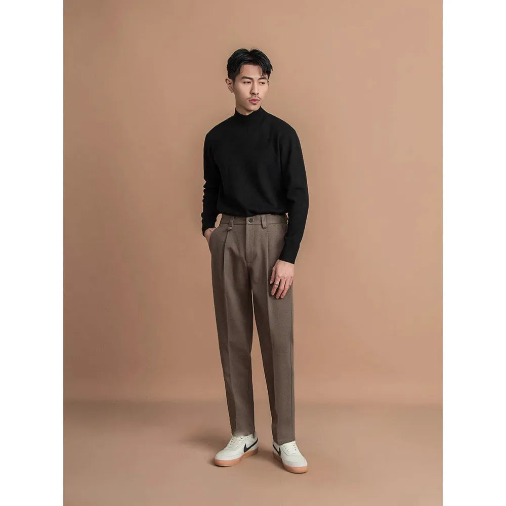 Men's straight-leg trousers in polyester with draped detail, shown in black, dark grey, khaki or brown.