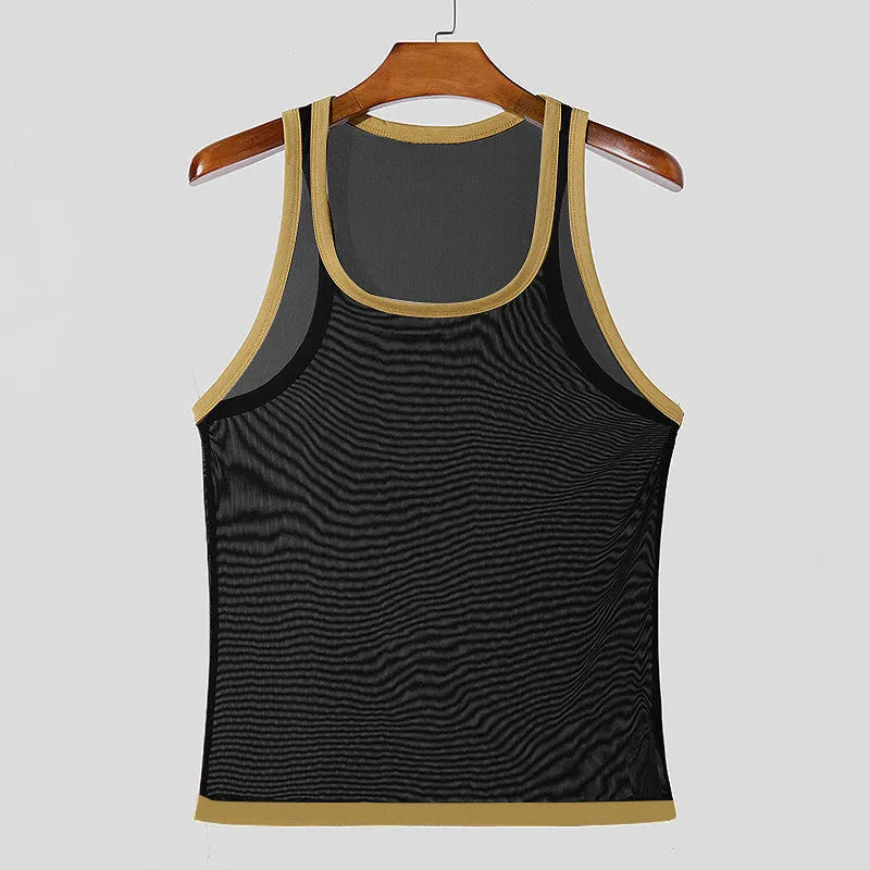 Men's black mesh athletic vest with straight hem for sports and fitness activities