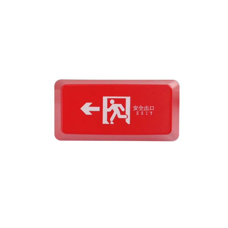 Transparent mechanical keyboard key cap with red evacuation exit symbol for backspace function