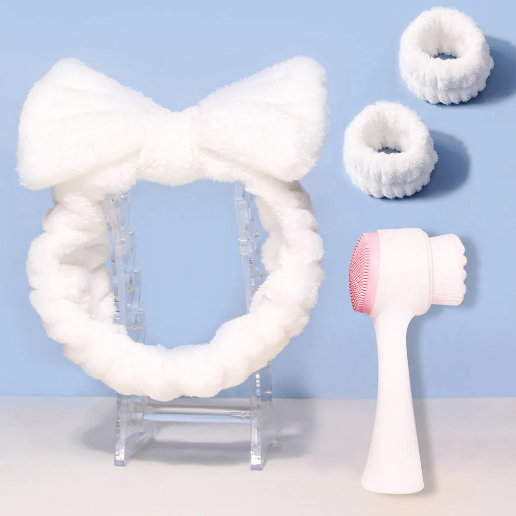 Facial brush set with coral fleece hair band in multiple colours including purple, grey, white, and pink