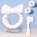 Facial brush set with coral fleece hair band in multiple colours including purple, grey, white, and pink