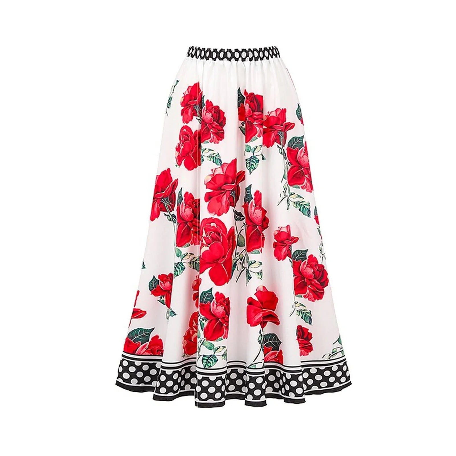 Women's floral printed one-piece polyester swimsuit on a hanger, showing skirted style.