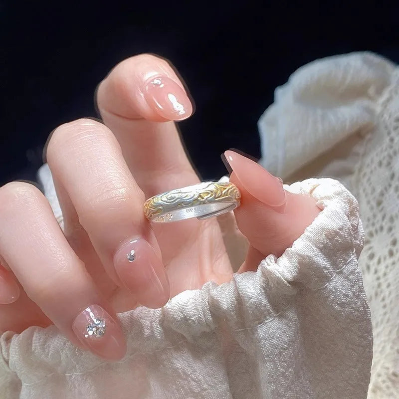 White copper adjustable open mouth ring with Xiangyun cloud patterns and geometric fairy style design