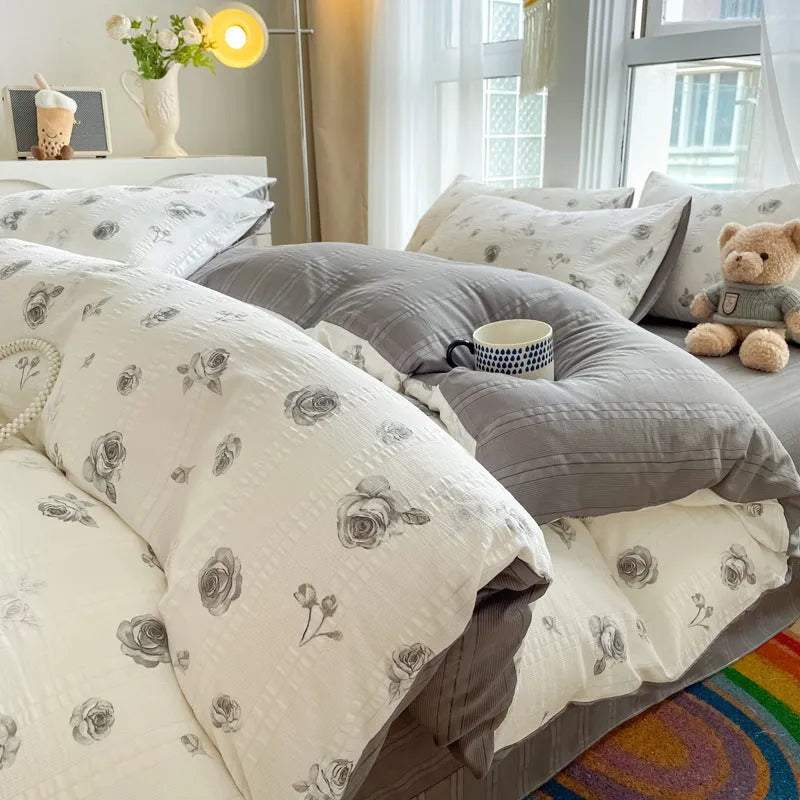 Chemical fibre bed sheet set with aerobic jacquard cloud yarn cotton in Butterfly Dance rose colour