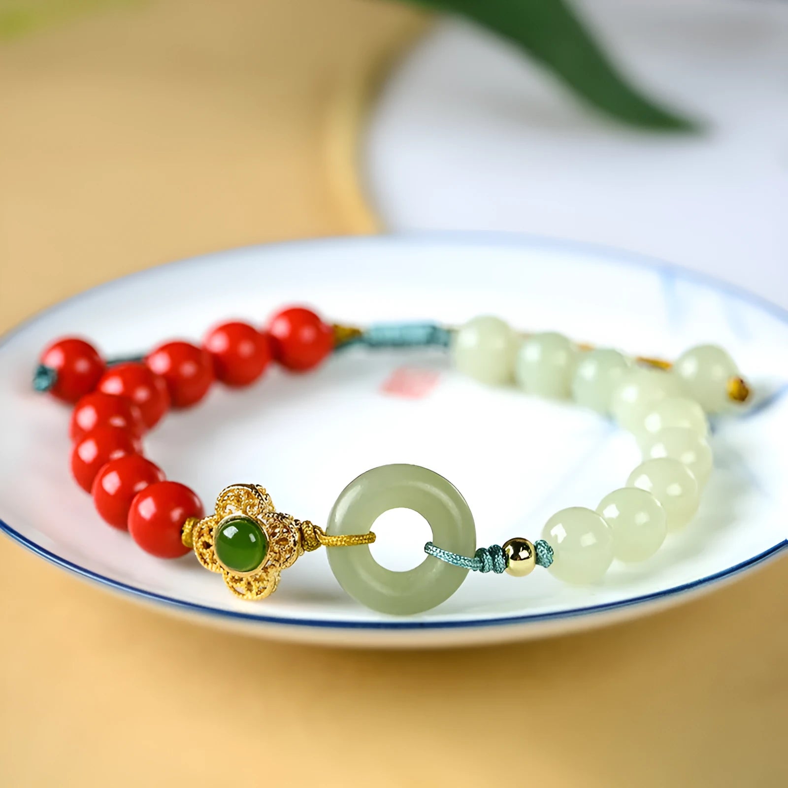 Cinnabar Hetian jade safety buckle bracelet with 8mm flower-shaped beads in retro ethnic style