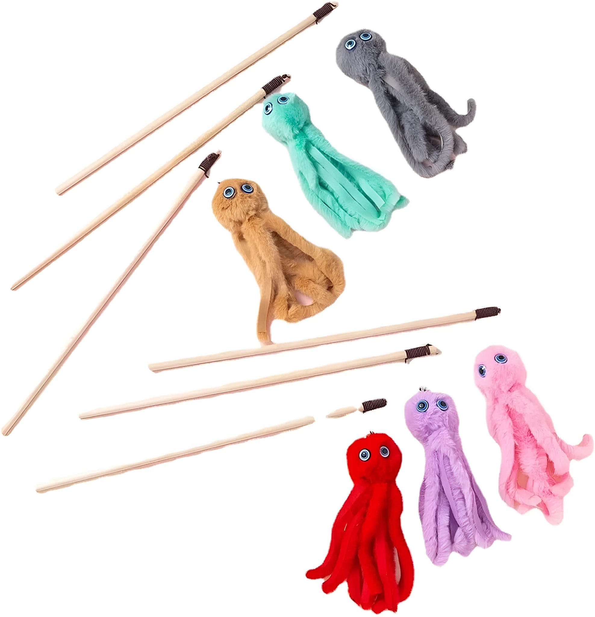 Octopus-themed cat toy with long stick handle in grey, pink, purple, or red colour options