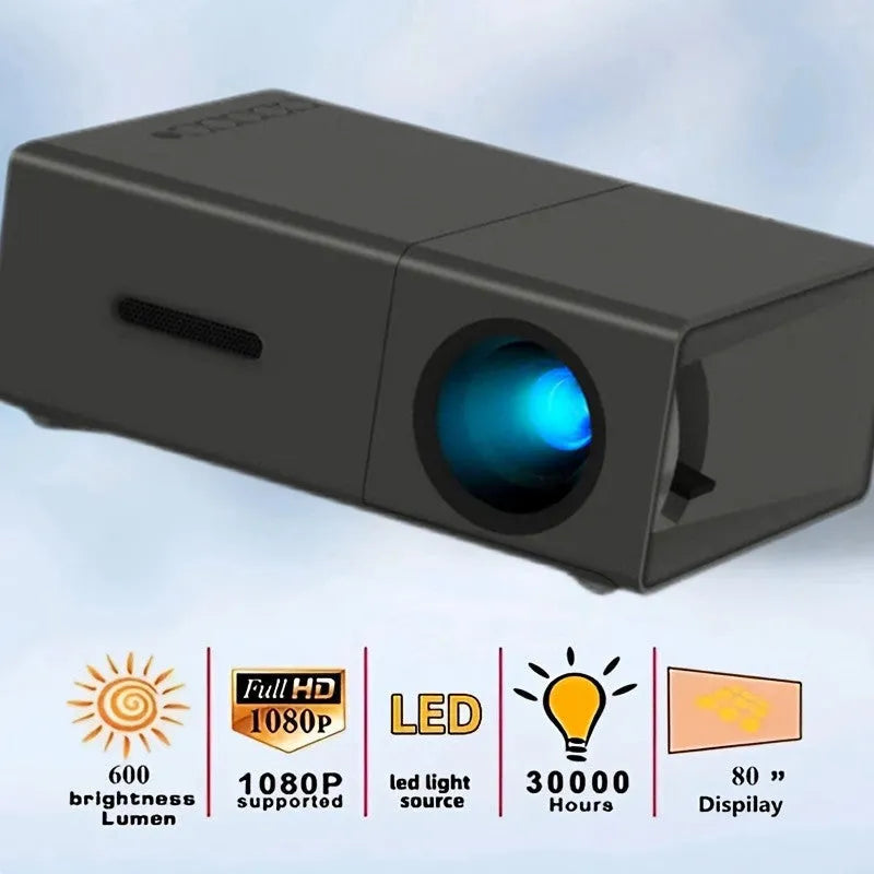 White or black M100 mini portable home projector with remote control on a table.