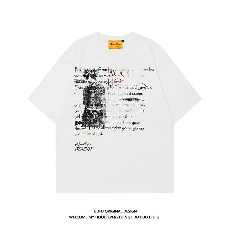 Men's black loose fit cotton T-shirt with white hip hop letter print and raglan sleeves