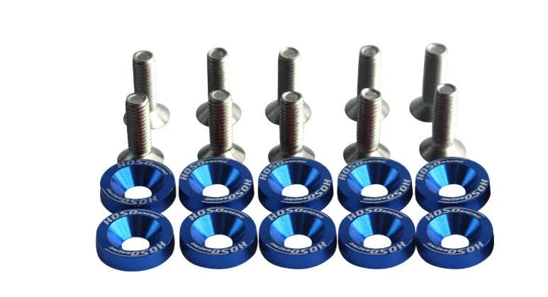 Car modification gasket screw bolt washer kit showing eight anodised colour options for engine bay customisation