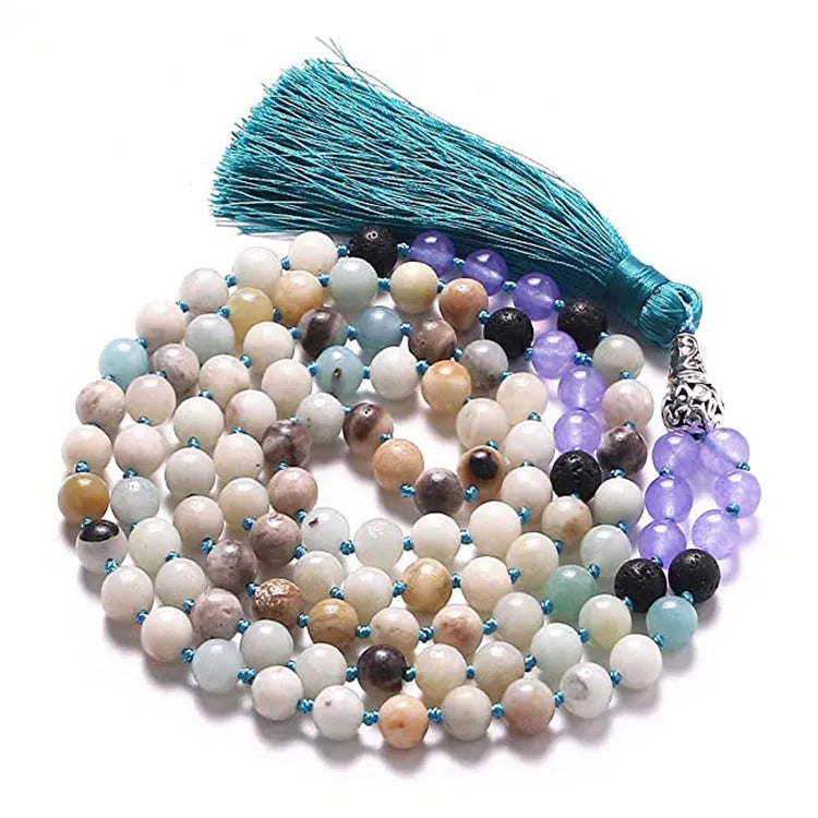 Geometric agate tassel necklace with multi-stone pattern showing Indian agate, turquoise, lapis lazuli, and amethyst beads