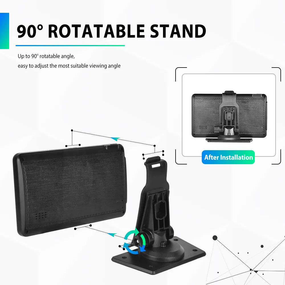 7-inch HD wired screen player with universal suction cup and vertical stand mounts on a grey background.