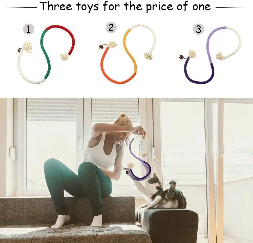 Bite-resistant cat teaser toy with 70cm cotton string in three colour combinations