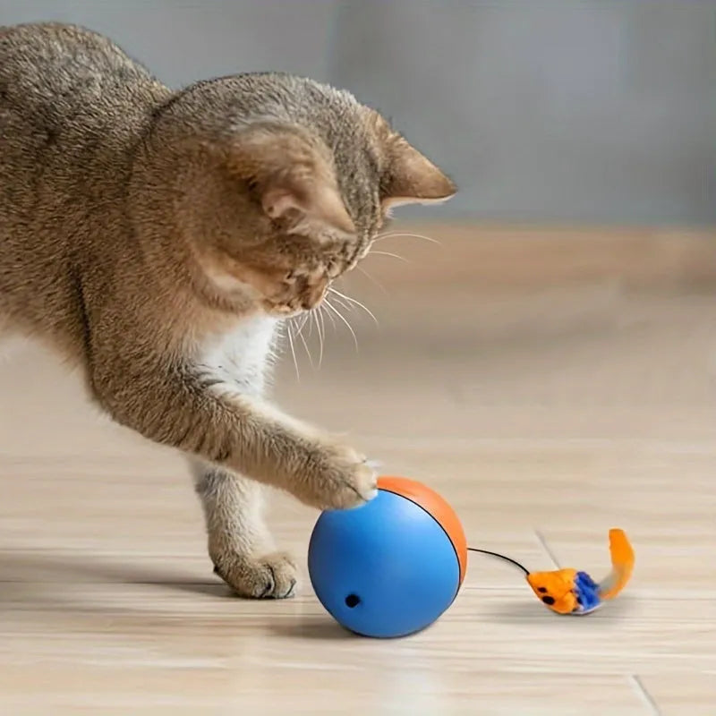 Interactive cat toy with blue and orange ball attached to plush mouse on neutral background