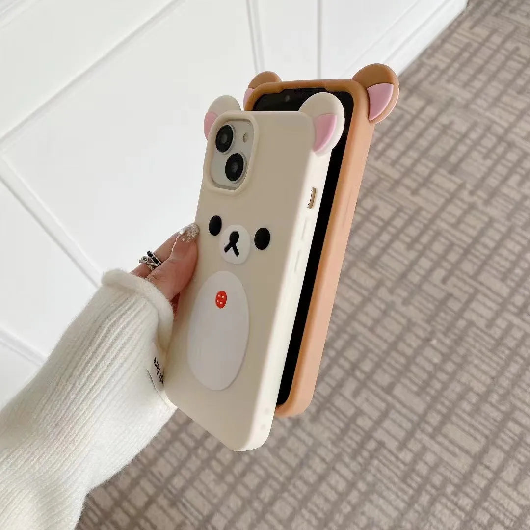 Brown and white cartoon silicone phone case with 3D relief for iPhone models