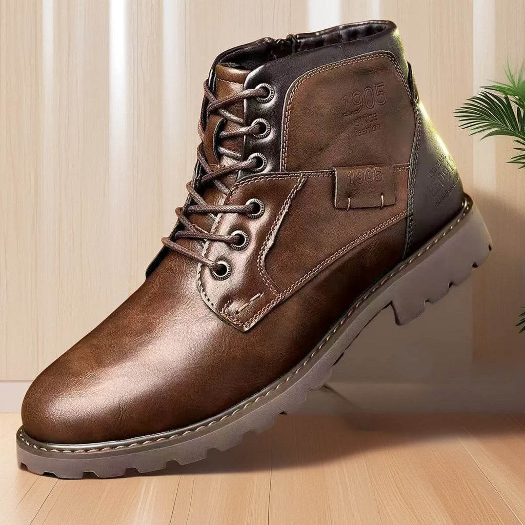 Men's brown side-zip Martin ankle boots with a round toe and rubber sole.