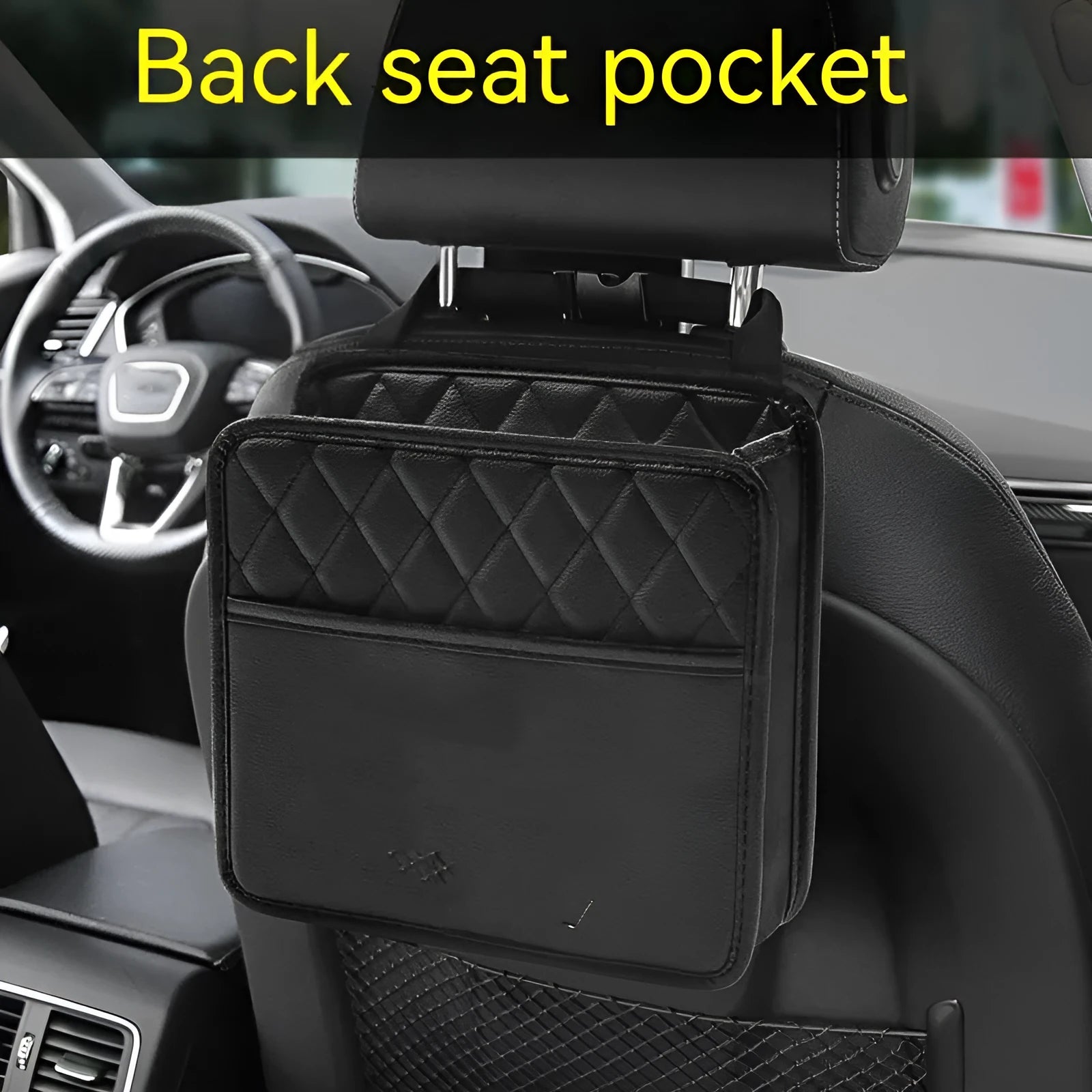 25cm square car hanging storage bag in leather-style material with hanging strap