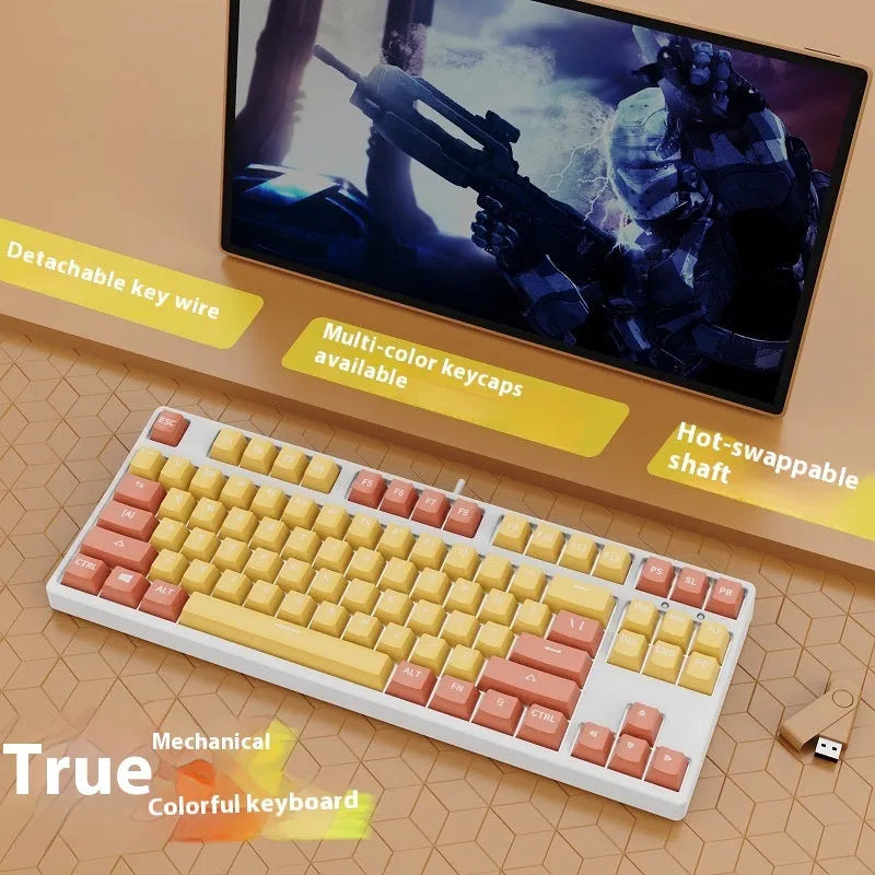 87-key wired mechanical keyboard with two-tone keycaps, shown with switch puller and cleaning brush