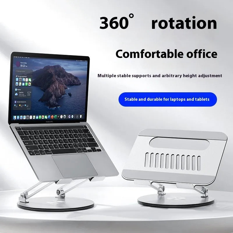 Silver aluminium laptop stand with height adjustment mechanism shown in folded and extended positions