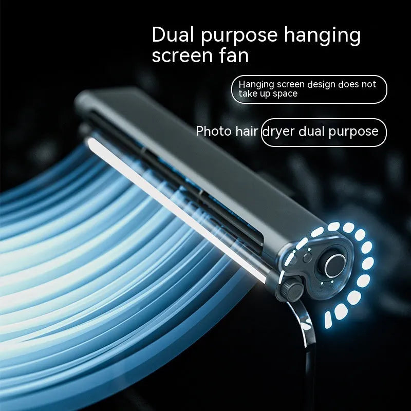 Black bladeless USB fan clipped onto a laptop screen, with an integrated lighting lamp.