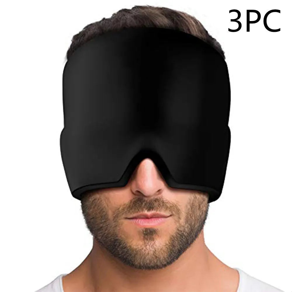 Black elastic cloth cooling gel eye mask for headache relief showing adjustable fit