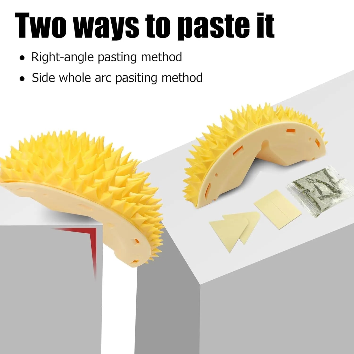 Yellow durian-shaped cat corner scratcher and massage comb toy for indoor cats.