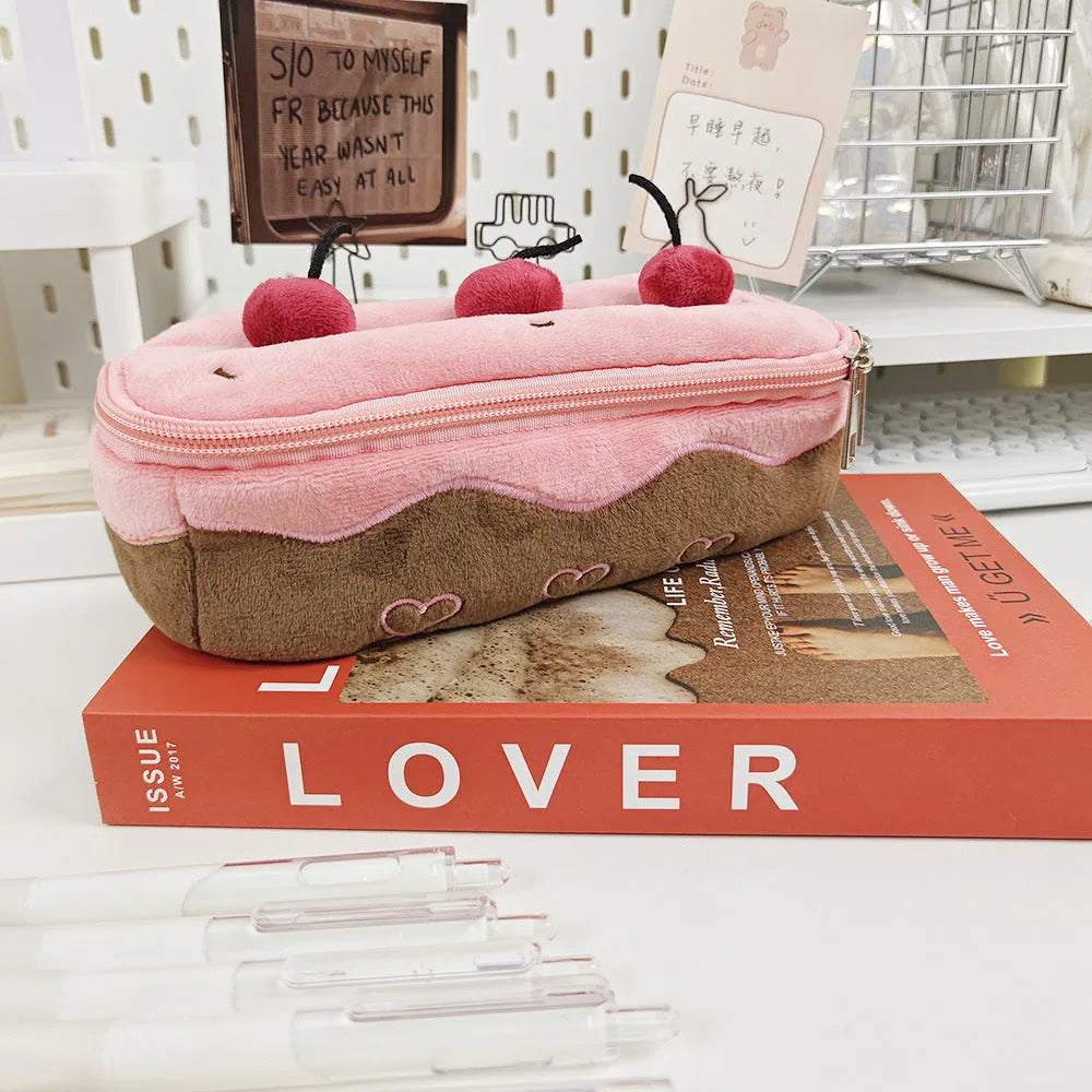 Cherry Cake pink and cream velvet pencil bag with plush Korean-style design