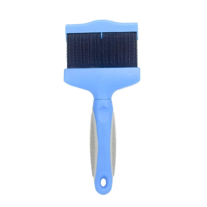Blue double-sided pet brush with stainless steel pins on one side and soft bristles on the other, showing ergonomic handle.