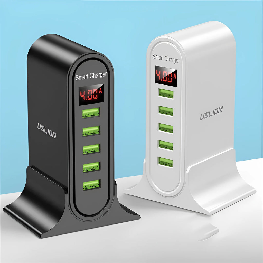 Smart LED digital display USB charger in black or white with choice of plug styles.
