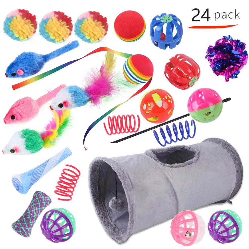 Plastic cat channel tunnel toy set showing single and double layer designs