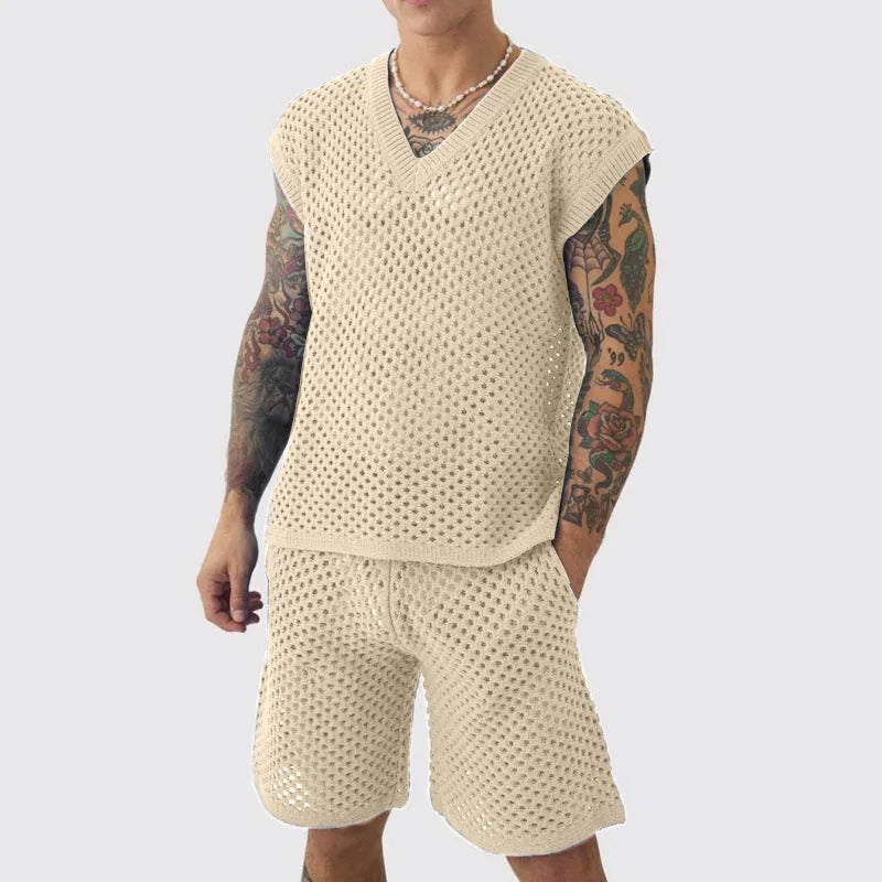 Men's blue V-neck sleeveless vest with matching shorts sports outfit
