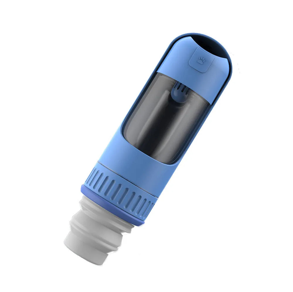 Dark blue portable dog water bottle with an attached drinking bowl, shown with leak-proof cap.