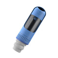 Dark blue portable dog water bottle with an attached drinking bowl, shown with leak-proof cap.