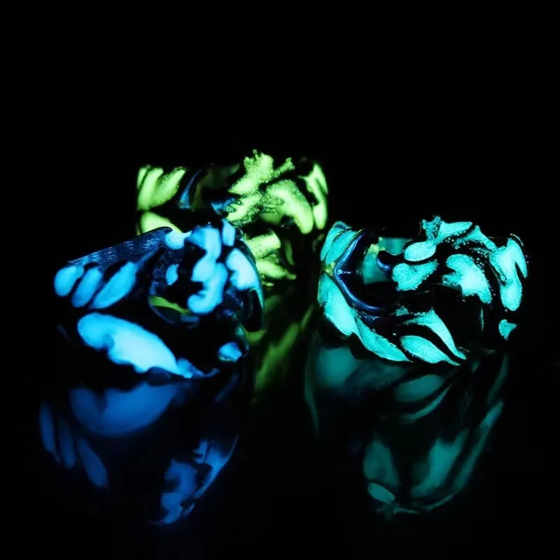 Adjustable Chinese dragon ring with luminous pattern in antique silver blue and green