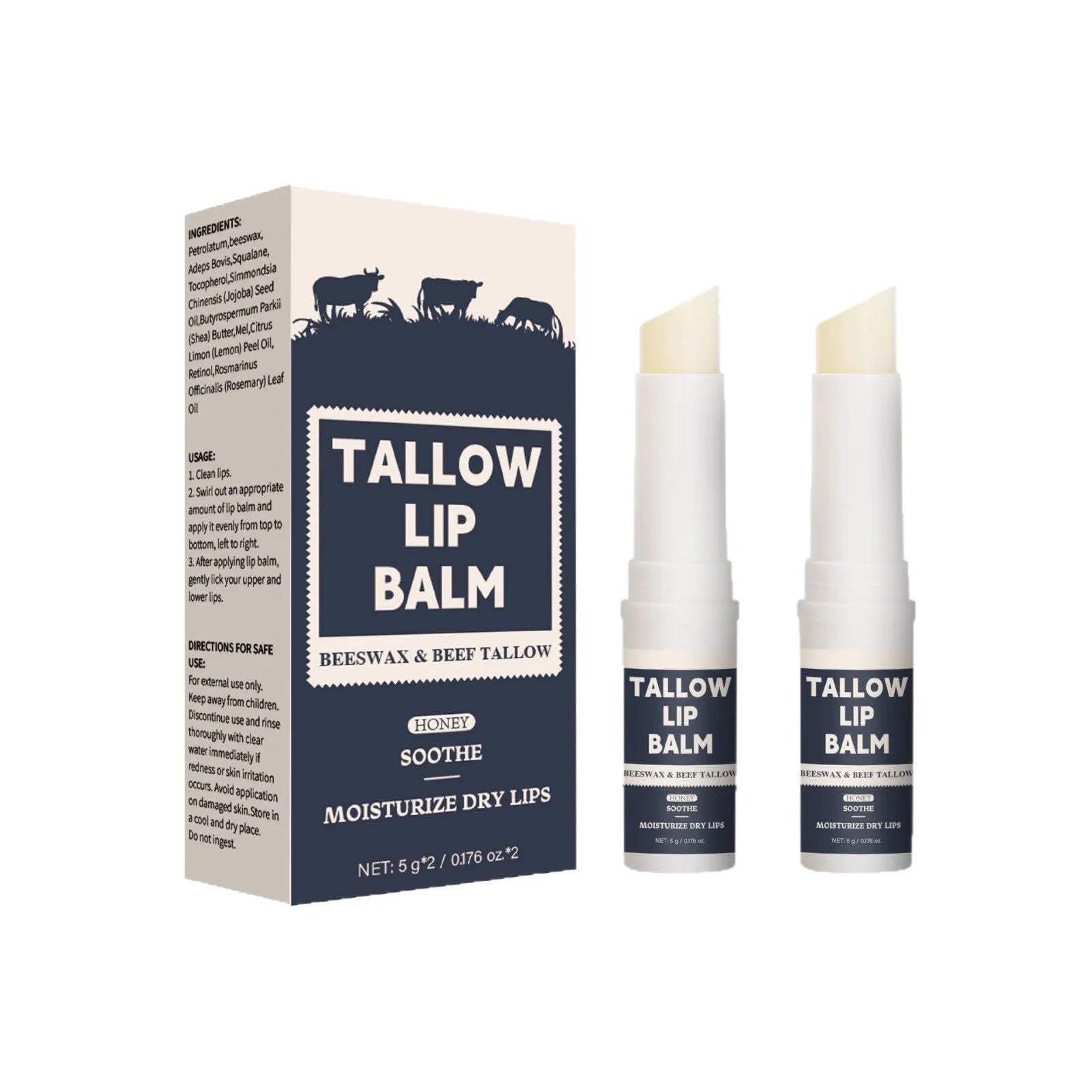Two beef fat lip balms with light grain texture for soft full lips
