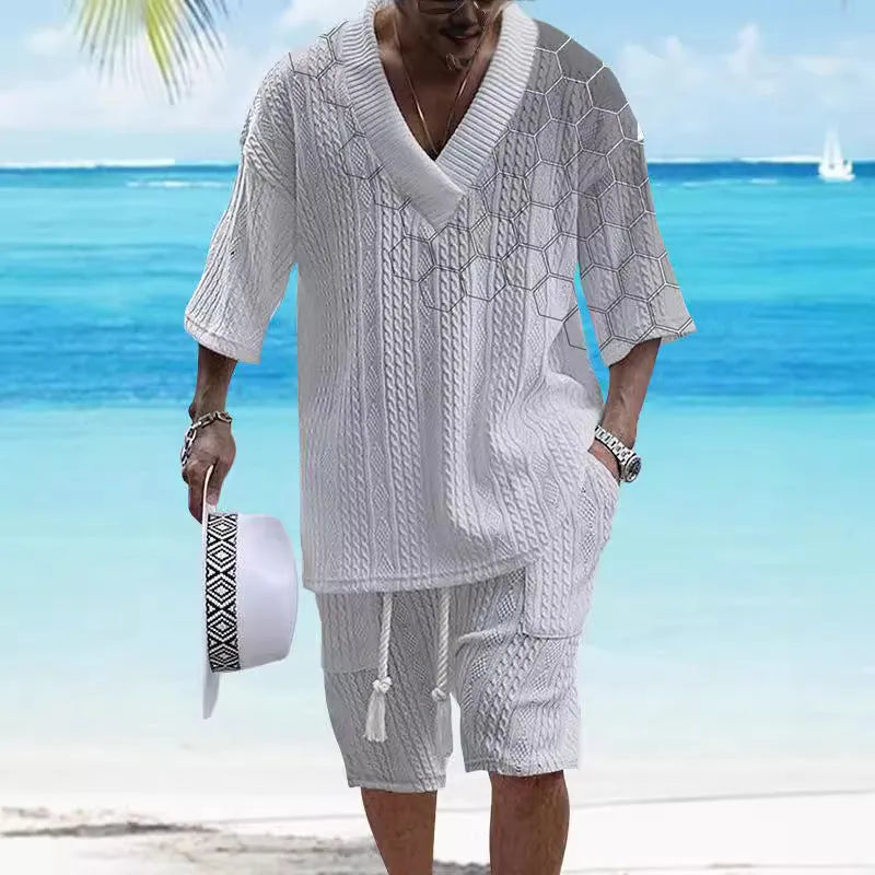 Men's knitted drop-shoulder short-sleeve top and matching shorts suit set on a mannequin.