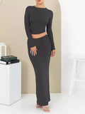 Women's slim fit autumn two-piece suit with three-quarter sleeves and long skirt