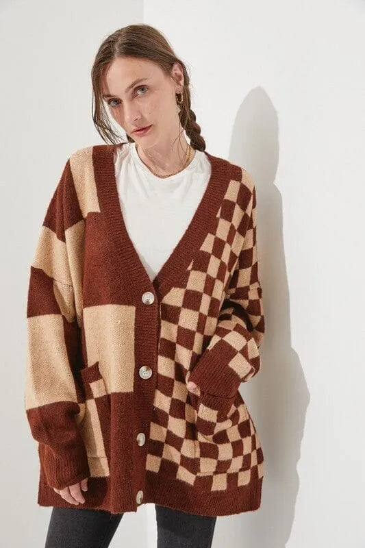 Loose slim fit cardigan with printed checks pattern in polyester spandex blend fabric