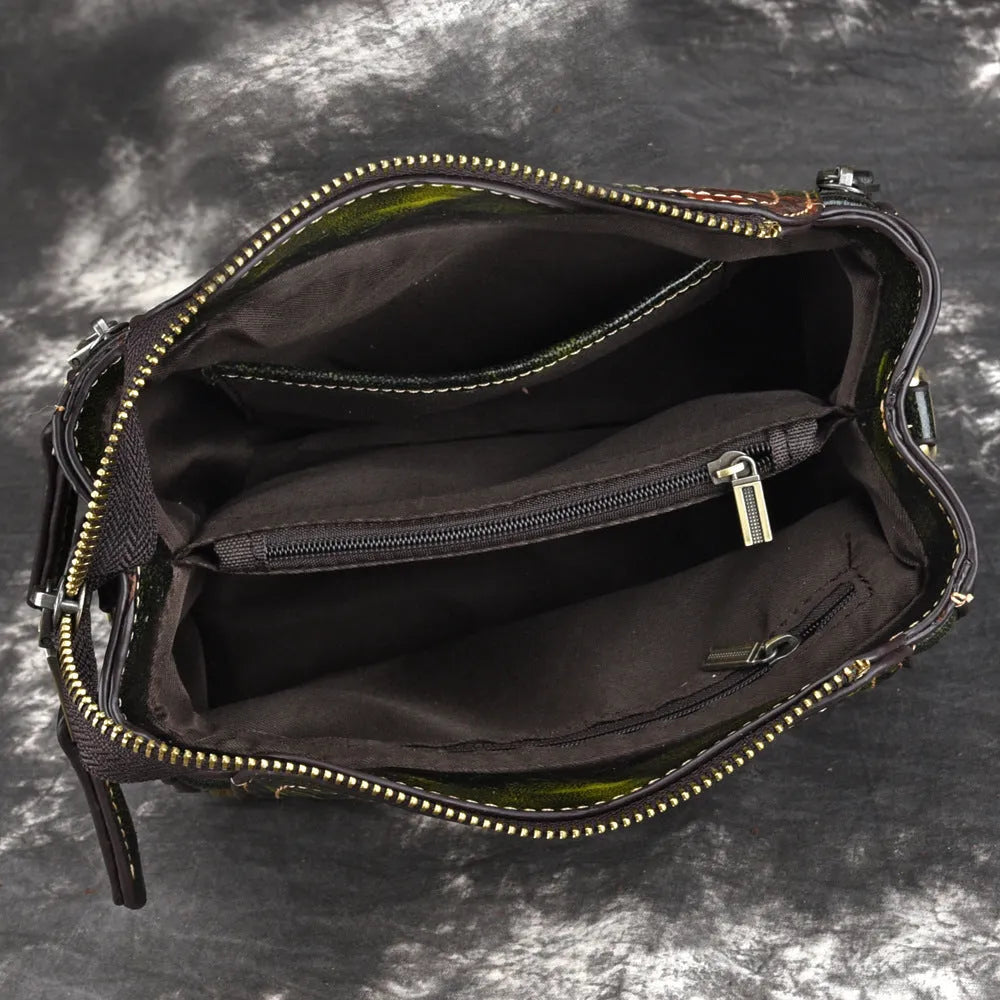 Women's brown genuine leather shoulder bag with file compartment and mobile phone pocket