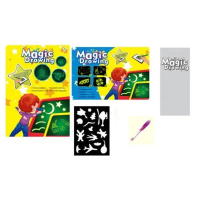 Educational drawing pad with light-accumulating coating, flashlight marker, and alphabet template for children aged 4-6.