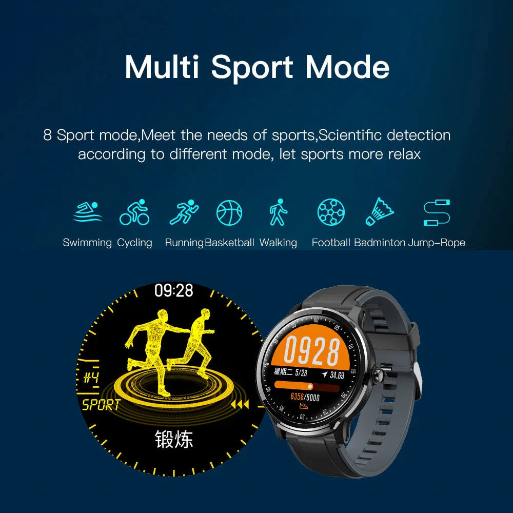 Square green smart watch with touch screen displaying heart rate and multi-sport mode