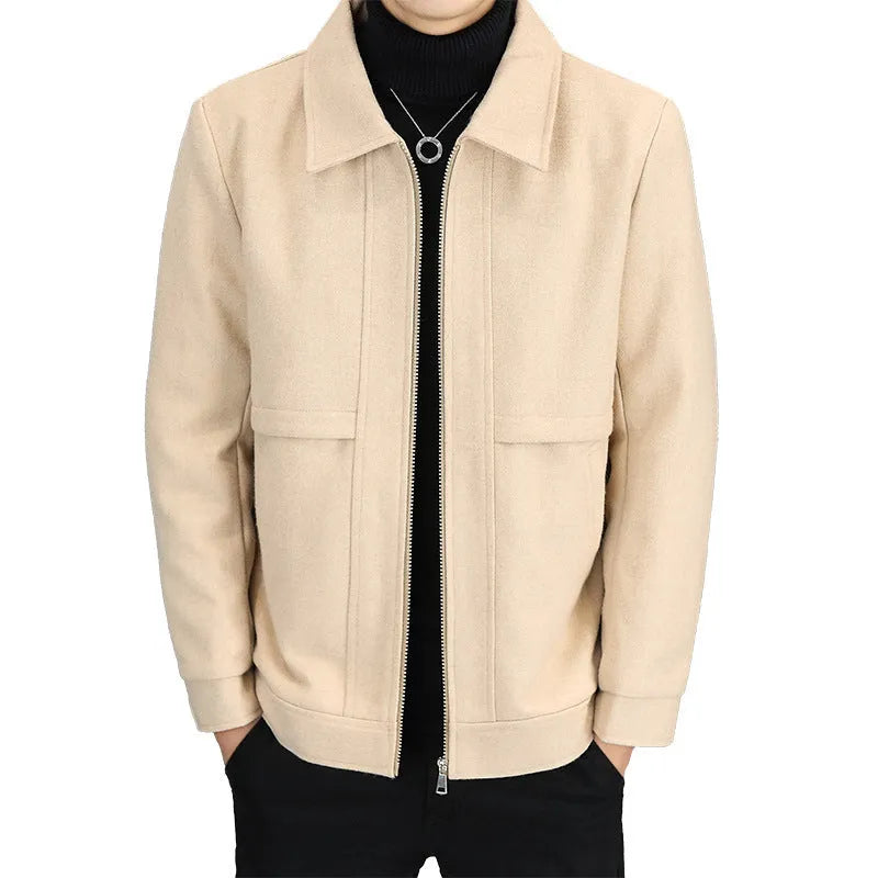 Men's khaki polo collar casual jacket with side seam pockets cotton blend regular fit