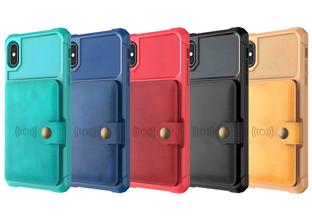 Slim black PU leather phone case with a machined geometric pattern on the back, fitted to an iPhone.