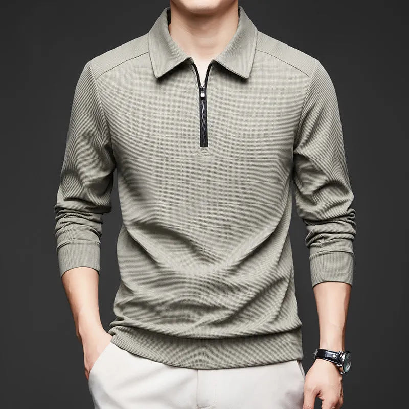 Men's lapel long sleeve solid colour polyester cardigan in dark gray, front view