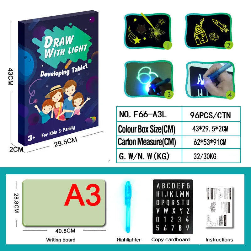 Educational drawing pad with light-accumulating coating, flashlight marker, and alphabet template for children aged 4-6.