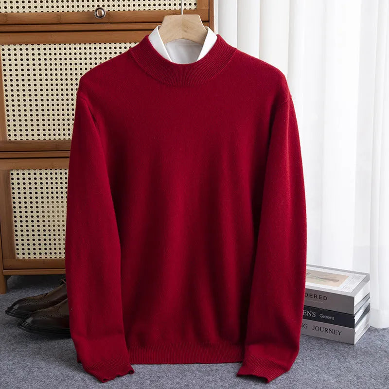 Man wearing a half-turtleneck wool sweater in camel colour, loose fit, for winter.