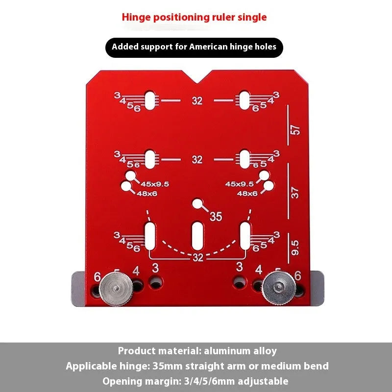 Red aluminium alloy hinge punch locator tool for 35mm cabinet hinge installation with adjustable margin settings