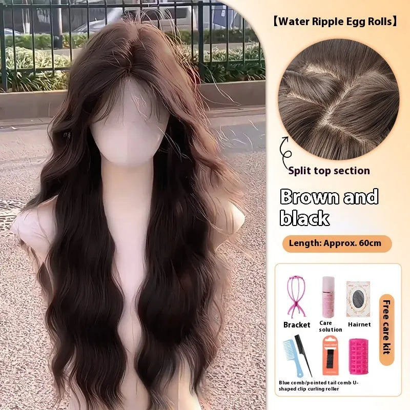 Female full head wig with long curly hair and side bangs in high temperature fibre