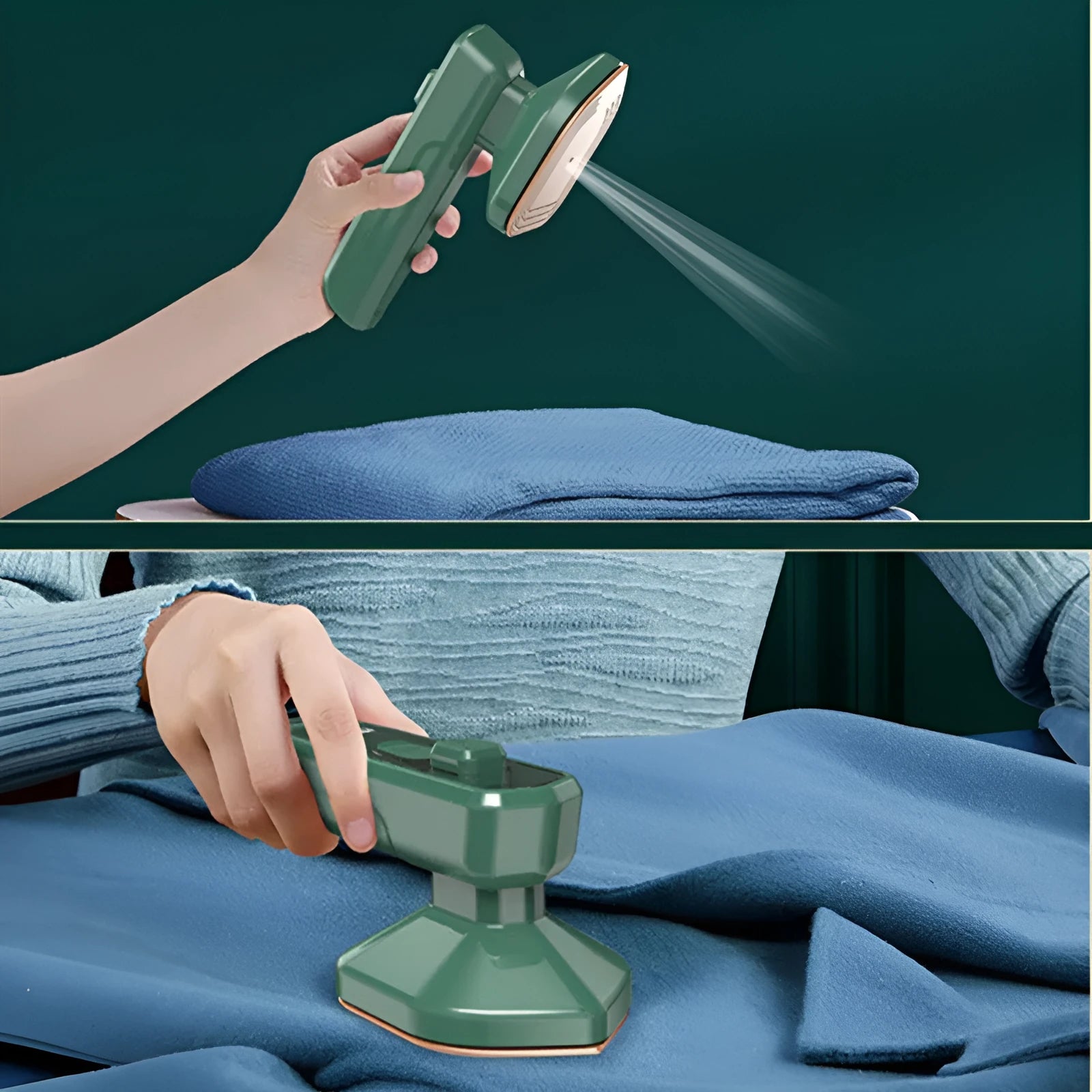 Dark green portable hanging steam ironing machine with ceramic panel and compact design.