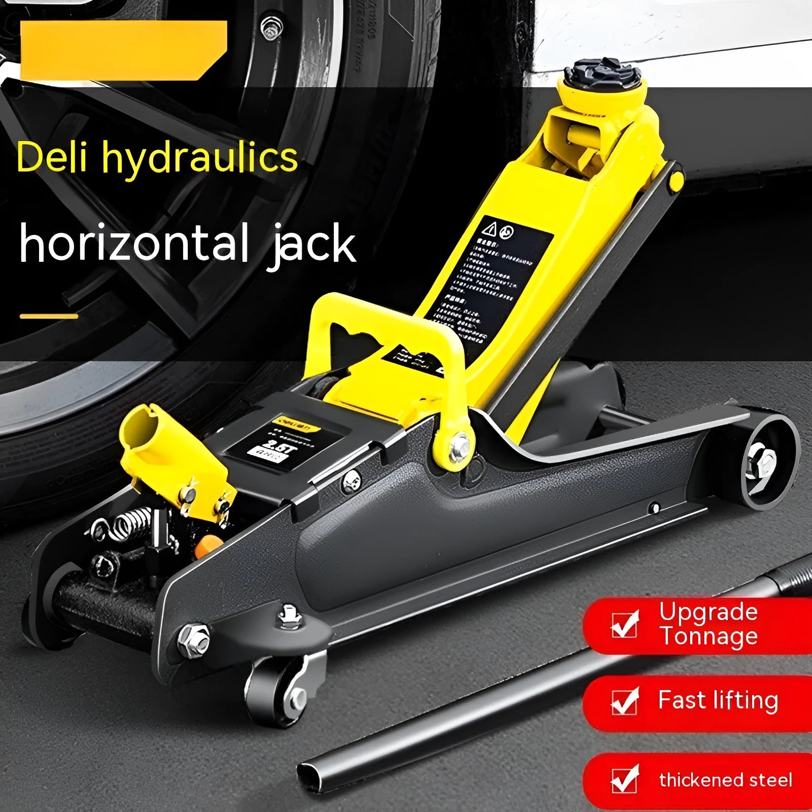 Horizontal hydraulic low-profile car jack with handle for tyre changing